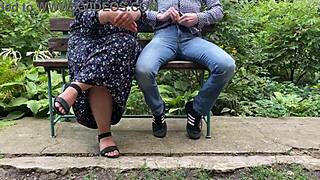 Kinky handjob outdoors in park with hot action