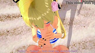 i enjoy marie rose in her bikini on the beach in this anime fantasy