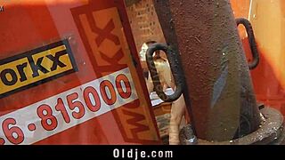 Old man fucks young neighbor in shed with blowjob