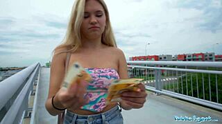 public agent catches babe flashing tits and ass on bridge for sex