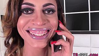 Latina Ladyboy in Lingerie Teases with Blowjob and Masturbation