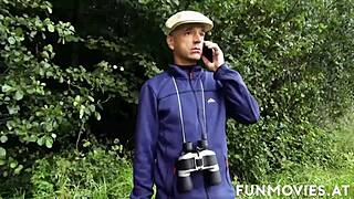 tattooed brunette says, 'rip my clothes and cum on my big jugs outdoors.'