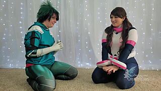 Two hot lesbians in costumes and wigs for sloppy blowjob and strapon fucking