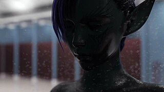 Dark Alien Babe Finger Masturbates Lesbian In Shower