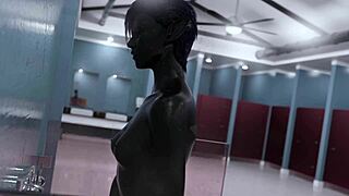 Dark Alien Babe Finger Masturbates Lesbian In Shower