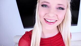 Close up of blonde babe Riley Star giving a deepthroat blowjob in a hardcore scene