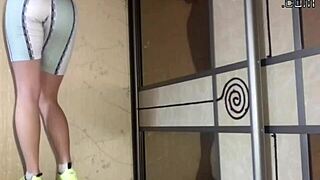 Cute girl shows elastic shape on camera.