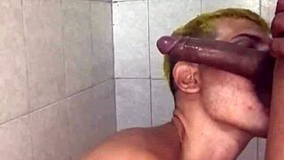 teen sucks big black cock at gloryhole