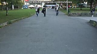 Brunette flashes tits and fucks naked on the street