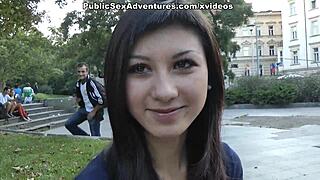 Brunette flashes tits and fucks naked on the street