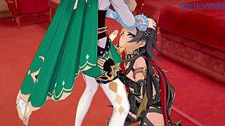 In this Genshin Impact hentai, La Signora, Dehya, and Venti have intense sex with big tits and creampie