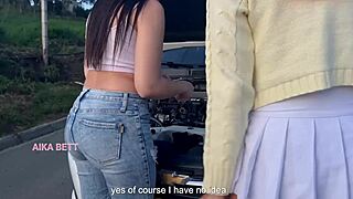 guys help aikabett fix her car then destroy her tight pussy with semen