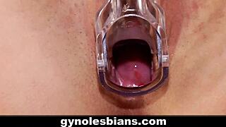 seducing patient with strapon and speculum in gyno exam room