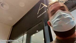 Risky public blowjob with facial in Amsterdam Schiphol airport toilets.