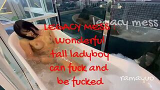 This tall ladyboy bends over for anal and fucks with her big cock in couple scene