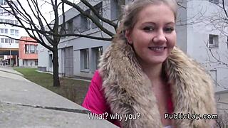 Euro amateur babe sucks and fucks hard in public spot.