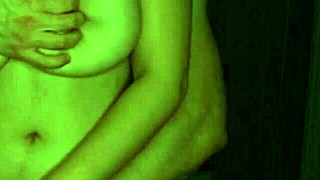 Intensely seducing teen girlfriend with big natural tits through caressing and fingering in front of camera