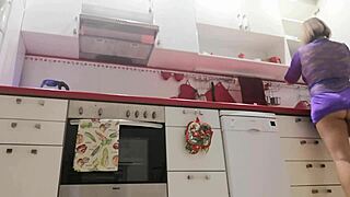 I spy on my stepmom in the kitchen, teasing with her skirt up.