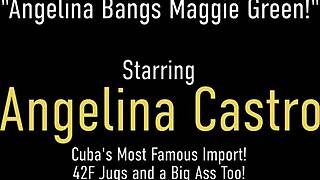 Busty Cuban Lesbians Angelina Castro and Maggie Green Stuff Muffs with Strap-On. Hot Latina Action in Lingerie!