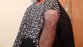 Hot gay masturbation in wife's silk gown feels wild