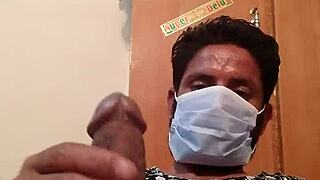 Hot gay masturbation in wife's silk gown feels wild