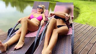 two girlfriends moan while masturbating outdoors, real amateur sunbathing fun