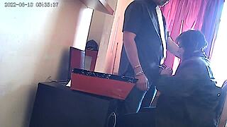 Secretary performs deepthroat blowjob on boss's cock under CCTV at work.