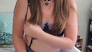 Beautiful brunette transsexual enjoys solo pleasure