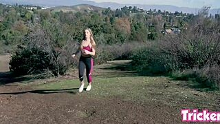 Blonde tattooed Kali Roses gets tricked into fucking big cock in outdoor group scene during Birdbox challenge