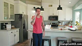 closeted guy fucks cooking instructor's monster cock bareback in kitchen