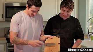 closeted guy fucks cooking instructor's monster cock bareback in kitchen