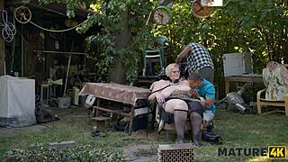 Kinky mature giantess Diana plays pet with two strangers in public stockings