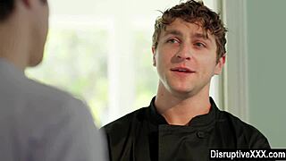 closeted guy fucks cooking instructor's monster cock bareback in kitchen