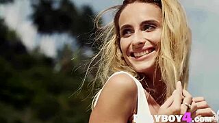 Blonde milf Cara Mell strips down, revealing her sexy curves in a steamy outdoor session.