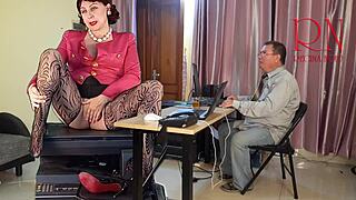 Giantess secretary teases boss with pussy and wild masturbation show.