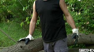 busty blonde pamela teases two cocks in the forest