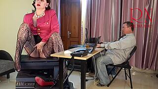 Giantess secretary teases boss with pussy and wild masturbation show.