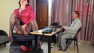 Giantess secretary teases boss with pussy and wild masturbation show.