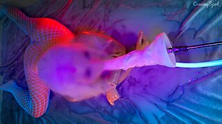 Hot blonde moans in cum puddle. Her white stockings soak as huge cock brings wild orgasm.