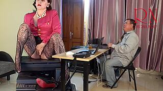 Giantess secretary teases boss with pussy and wild masturbation show.