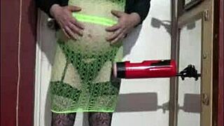 Crossdresser enjoys machine masturbation shyly