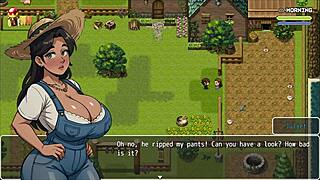 In Lost Lagoon harem hentai ep 5, sexy farmer exposes pussy outside with big tits.