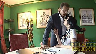 Brunette College Girl Seduces Professor for Double Climax