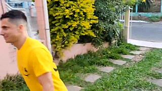 Milf housewife cheats with husband's friend at party while he cuts grass