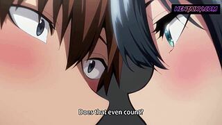Subtitled cartoon with horny boys and beautiful Japanese babe