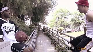 Basketball players bang hard after game in raw interracial action