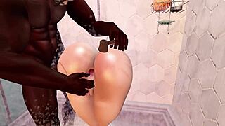 Black man fucks redhead white woman in Second Life, then showers with her