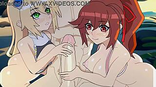 3D animated beach scene with Blazblue characters in hentai style