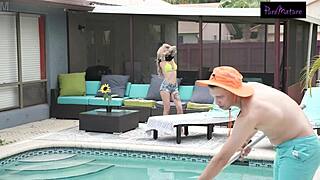 Solo woman with big breast enjoys a pool time with a man with a big dick