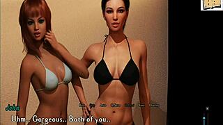 Teen wakes up intertwined with topless brunette in 3D anime game scene